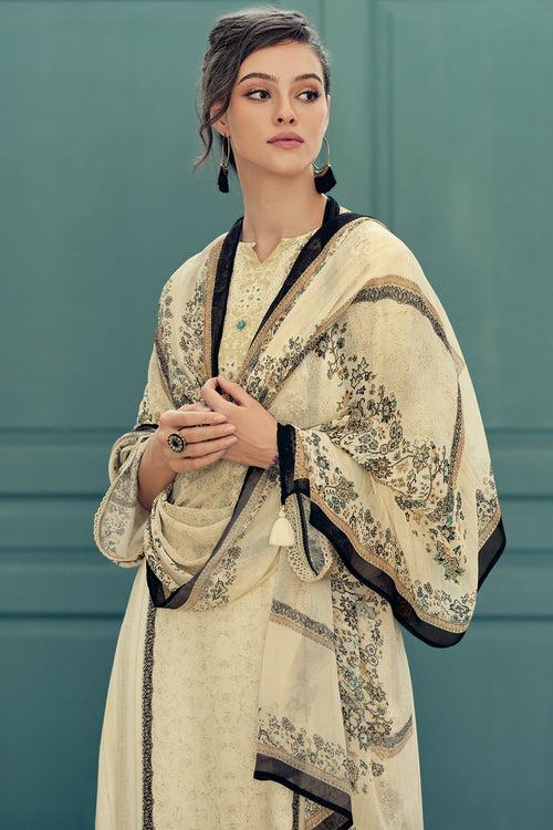 Ivory printed kurta set with handwork