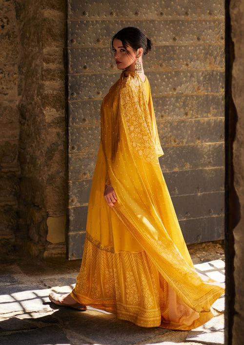 Amber yellow woven sharara set