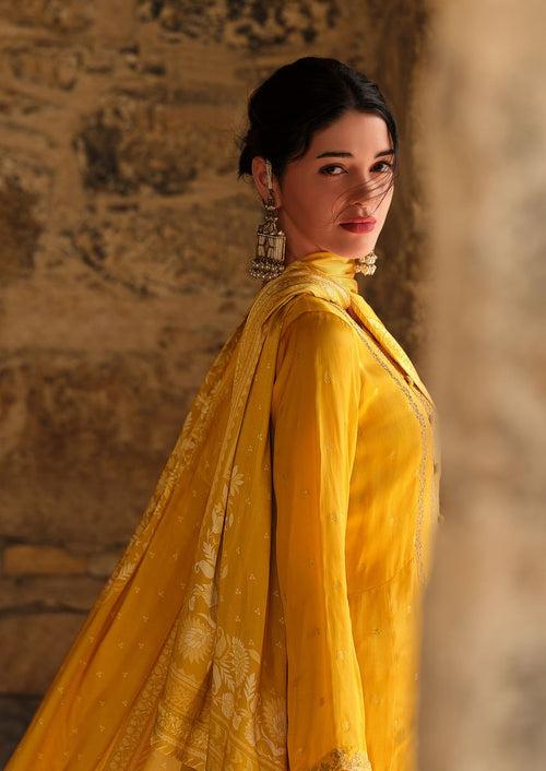 Amber yellow woven sharara set