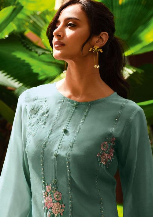 Light teal embroidered organza kurta set