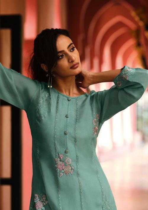 Light teal embroidered organza kurta set