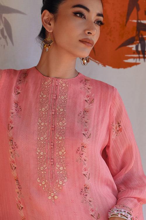 Salmon pink printed kurta set with handwork