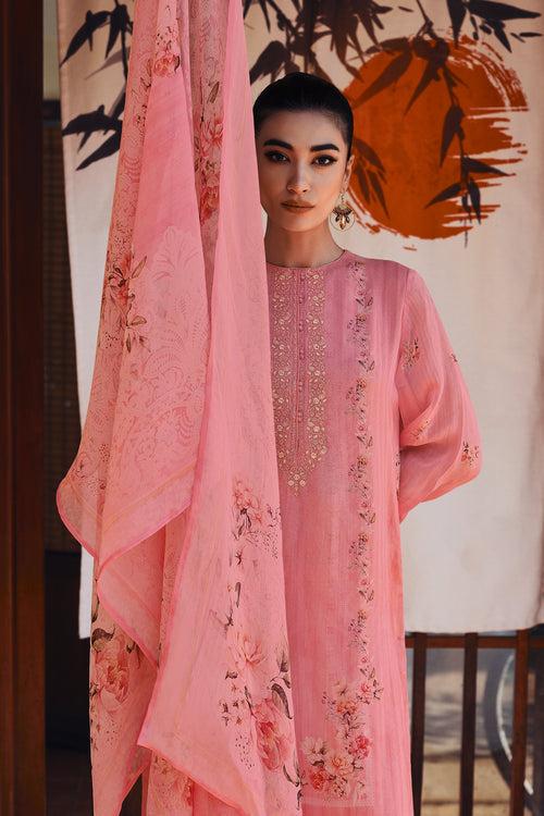 Salmon pink printed kurta set with handwork