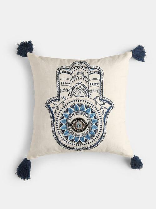 Embroidered Hand Of Hamsa Cushion Cover With Tassels