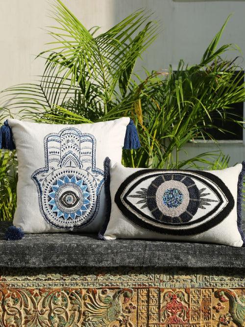 Embroidered Hand Of Hamsa Cushion Cover With Tassels