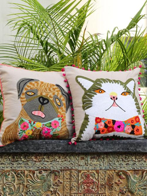 Cat With A Bow Embroidered Cushion Cover