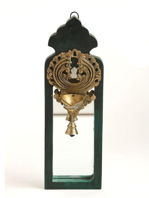 Distress Finish Mirror With Brass Bell Diya