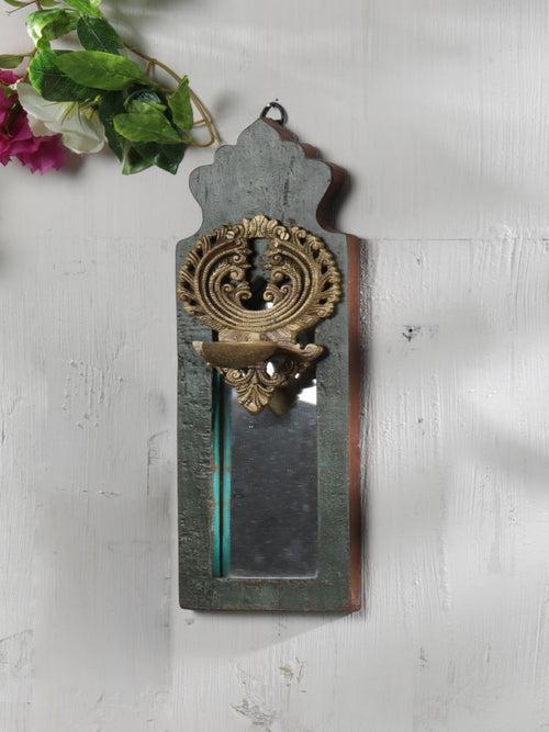 Distress Finish Mirror With Brass Bell Diya