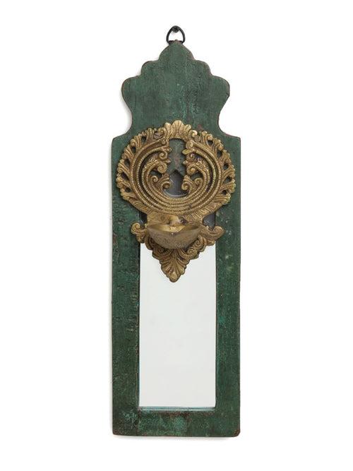 Distress Finish Mirror With Brass Bell Diya