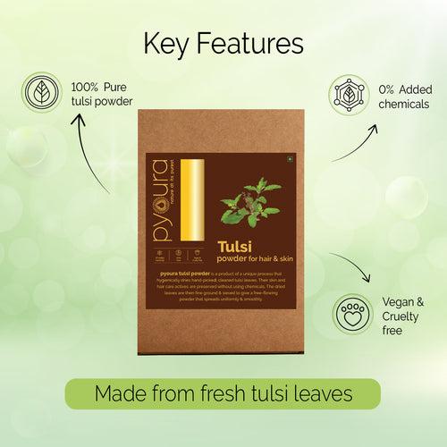 Tulsi Powder, For a youthful skin and healthy hair, Made from hygienically dried fresh tulsi leaves without sun drying or adding chemicals