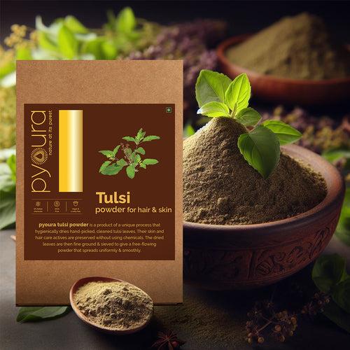 Tulsi Powder, For a youthful skin and healthy hair, Made from hygienically dried fresh tulsi leaves without sun drying or adding chemicals