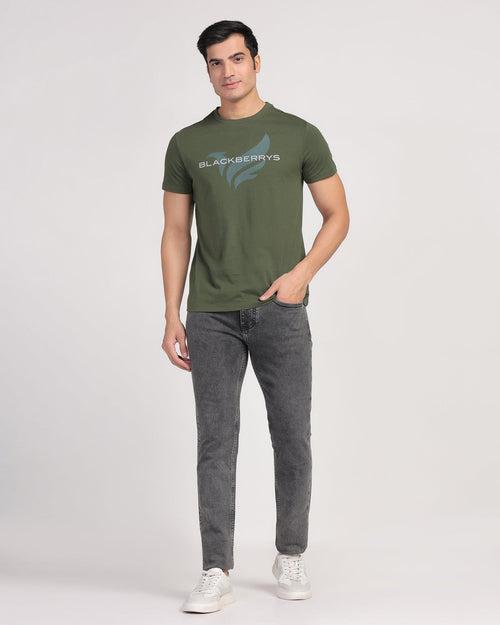 Crew Neck Olive Green Printed T-Shirt - Dote