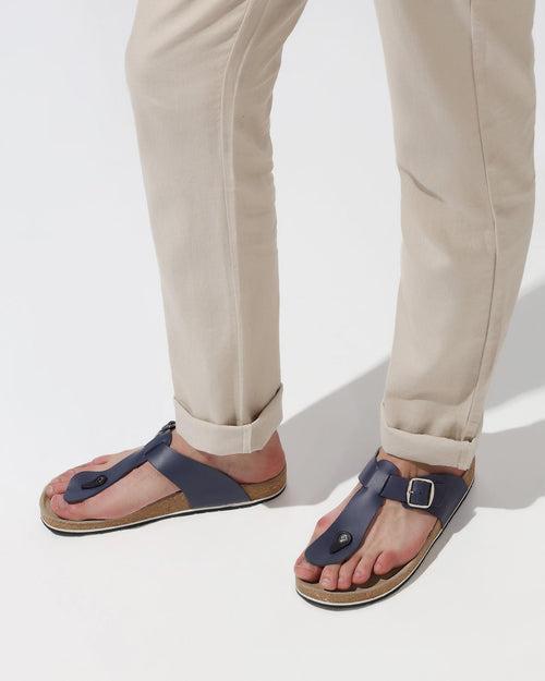 Leather Navy Solid Open Sandals - Sarmik