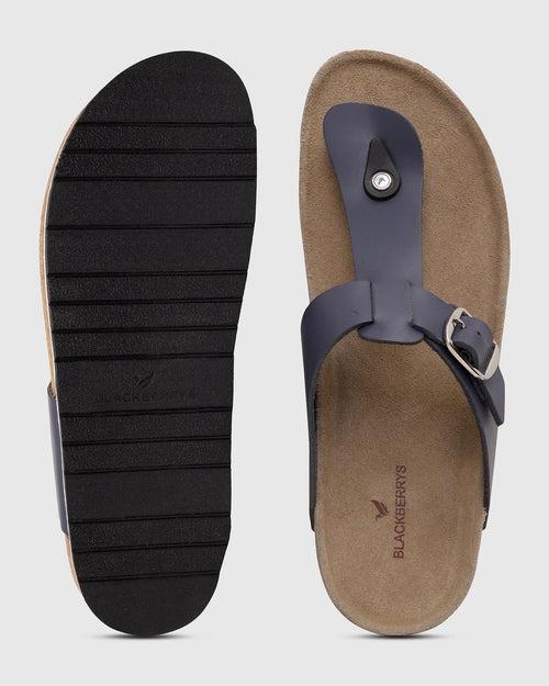 Leather Navy Solid Open Sandals - Sarmik