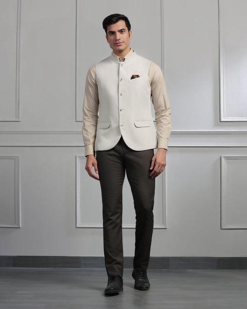 Linen Bandhgala Formal Beige Solid Waistcoat - Swift