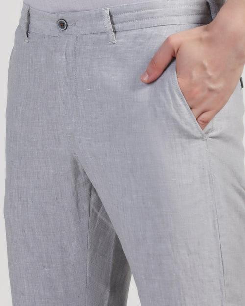 Linen Slim Comfort Casual Light Grey Solid Khakis - Silver