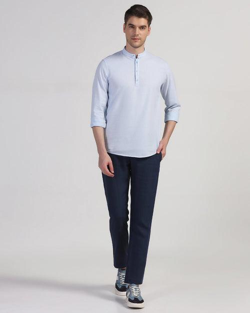 Linen Slim Comfort Casual Navy Solid Khakis - Silver