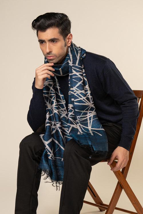 Navy Lattice Tussar Peace Silk Scarf