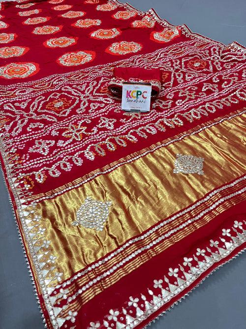 Latest New Pure Gaji Silk Handmade Bandhej Gotapatti Laddu Bandhej Saree with blouse