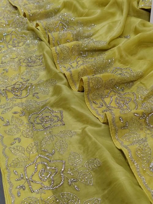 New Lemon Yellow Ad Diamond Work Heavy Designer Party Wear Jaipuri Saree with blouse