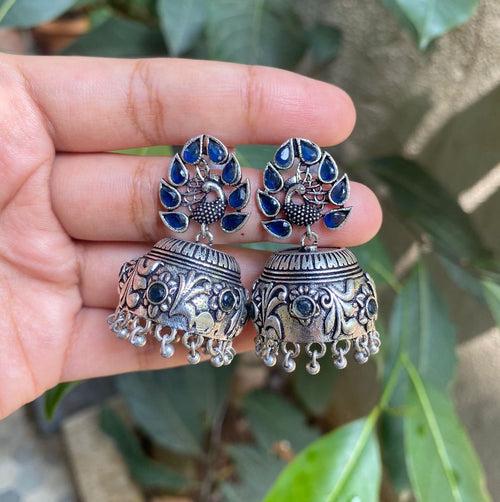 Blue Stone Oxidised Peacock Earring