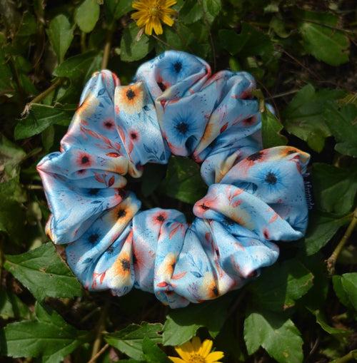 Blue Yellow Flower Printed Premium Quality Satin Scrunchie