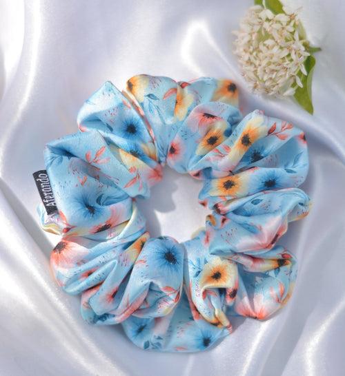 Blue Yellow Flower Printed Premium Quality Satin Scrunchie