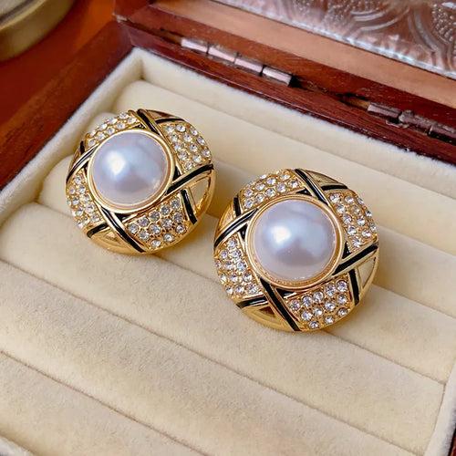 Gold Plated Simple Style Round Inlay Pearl Zircon Big Statement Stud Earring