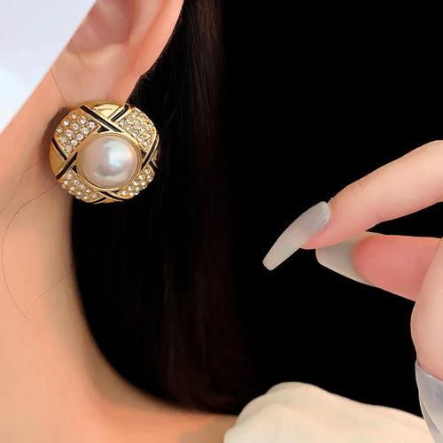 Gold Plated Simple Style Round Inlay Pearl Zircon Big Statement Stud Earring