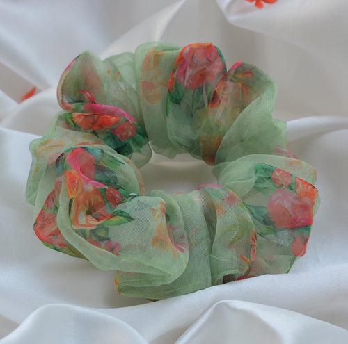 Green Printed Organza Regular Size Hair Scrunchie - Soft & Romantic Accessory