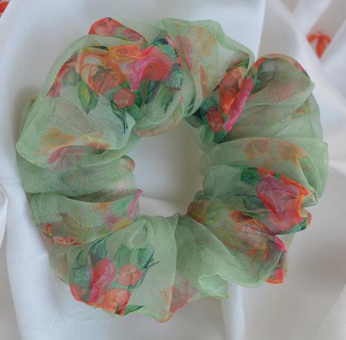 Green Printed Organza Regular Size Hair Scrunchie - Soft & Romantic Accessory