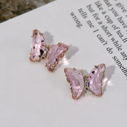 Pink Color Butterfly Style Inlaid Crystal Stud Earrings