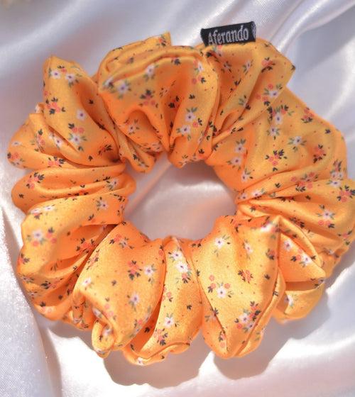 Yellow Flower Printed Premium Quality Satin Scrunchie