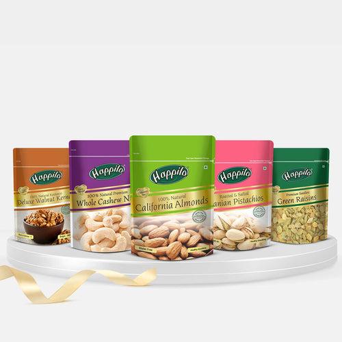 Premium Dry Fruits Combo 1050g (California Almonds 200g Whole Cashews 200g Green Raisins 250g Iranian Salted Pistachios 200g Deluxe Kashmiri Walnut Kernels 200g)