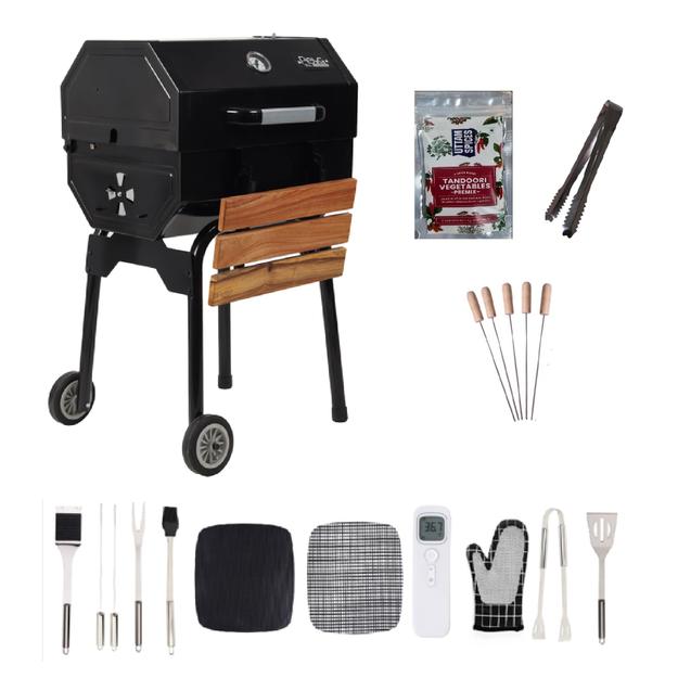 FlameMaster Pro Barbeque With Accessories for Home & outdoor | Large Cooking Area, Easy Assemble, Additional Warming Rack | Charcoal Griller BBQ With 10 Premium Barbecue Accessories