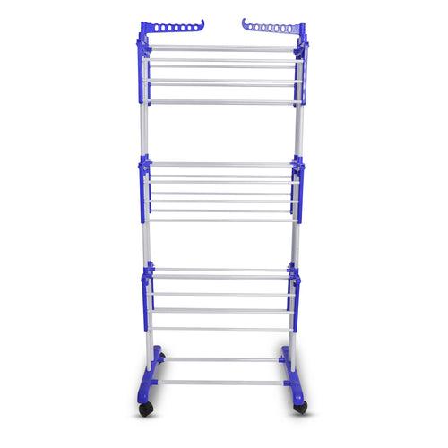 MegaDry Cloth Drying Stand | 3-Tier Small Foldable Powder Coated Mild Steel I Blue