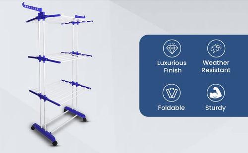 MegaDry Cloth Drying Stand | 3-Tier Small Foldable Powder Coated Mild Steel I Blue