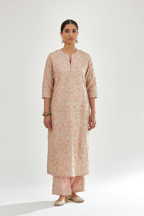 Pink silk chanderi straight kurta set with all-over dori and gota jaal embroidery, highlighted with contrast bead work.