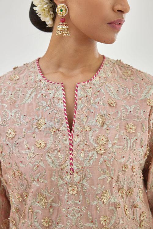 Pink silk chanderi straight kurta set with all-over dori and gota jaal embroidery, highlighted with contrast bead work.