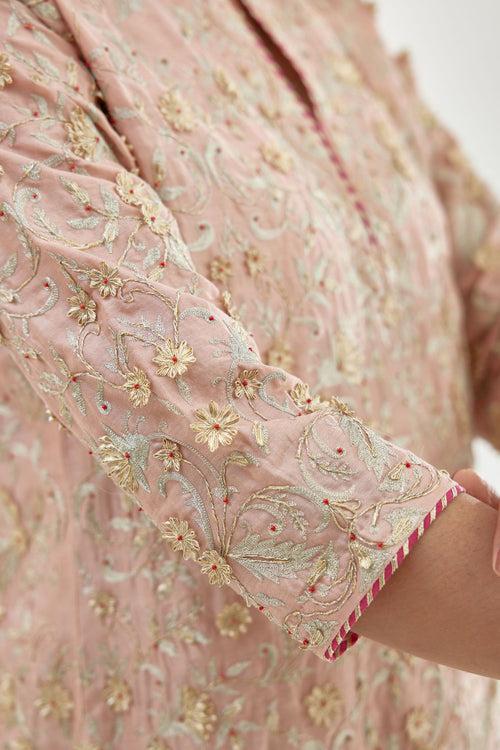 Pink silk chanderi straight kurta set with all-over dori and gota jaal embroidery, highlighted with contrast bead work.