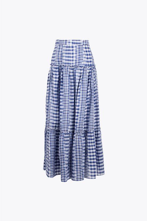 berry blue checked midi skirt in ikat pattern