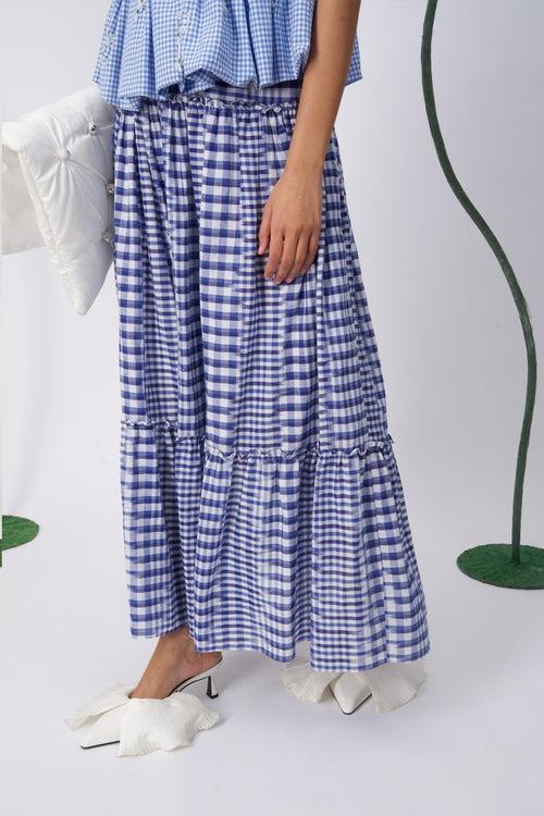 berry blue checked midi skirt in ikat pattern