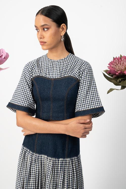 navy gingham denim corset top