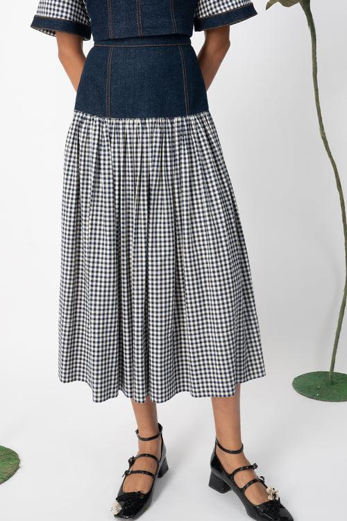 gingham and denim skirt