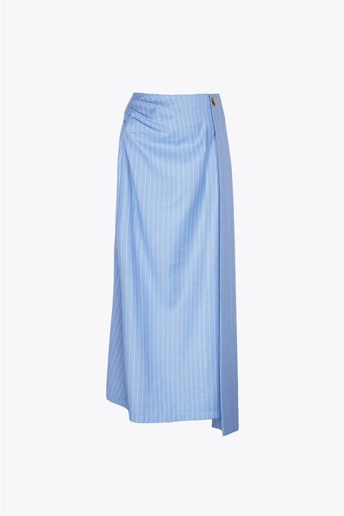 blue pinstripe midi skirt