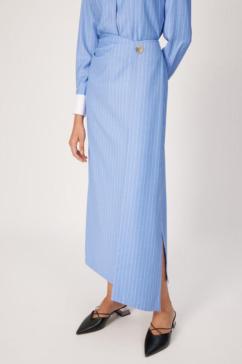 blue pinstripe midi skirt