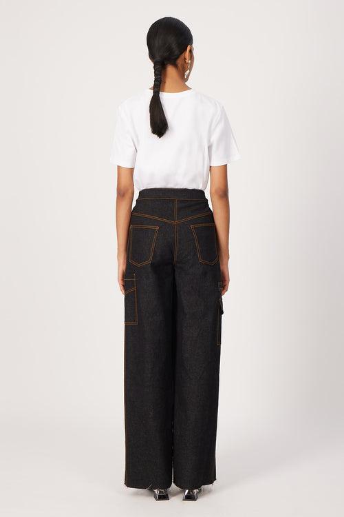 black denim pleated trousers