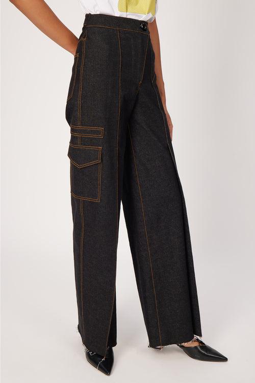 black denim pleated trousers