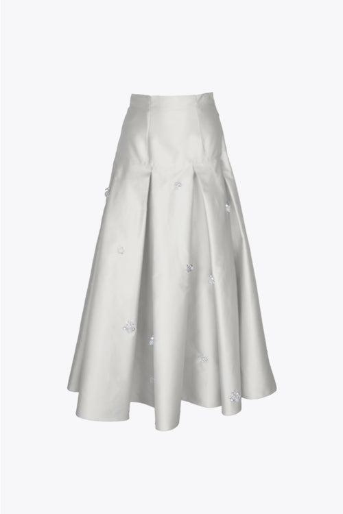 mist grey gravity midi skirt in taffeta