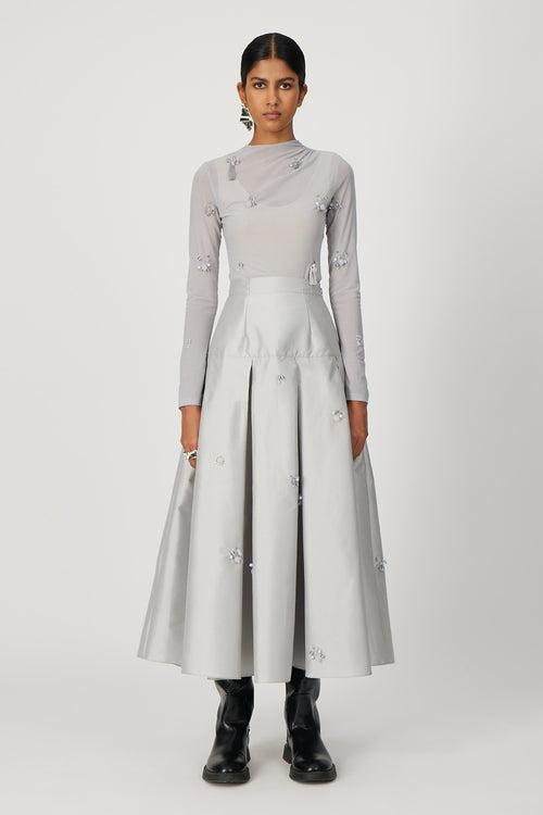 mist grey gravity midi skirt in taffeta